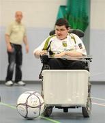 30 May 2009; Sporting Fingal and Fingal County Council announce the launch of the Sporting Fingal Power Soccer Team. Part of the FAI Football For All development campaign, Power Soccer is open to all anyone with an electrically powered wheelchair of all ages, both men and women. The FAI, through the local sports partnerships, are taking registrations with a view to setting up Provincial and National competitions. Details are available from the Association of Irish Power Chair Football at padjoeflanagan@hotmail.com or Stephen McGinn of Sporting Fingal and Fingal County Council at stephen.mcginn@fingalcoco.ie. Pictured at the launch is Sporting Fingal Powerchair player Jason Connolly. Corduff Sports Centre, Blanchardstown, Dublin. Picture credit: Brendan Moran / SPORTSFILE