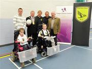 30 May 2009; Sporting Fingal and Fingal County Council announce the launch of the Sporting Fingal Power Soccer Team. Part of the FAI Football For All development campaign, Power Soccer is open to all anyone with an electrically powered wheelchair of all ages, both men and women. The FAI, through the local sports partnerships, are taking registrations with a view to setting up Provincial and National competitions. Details are available from the Association of Irish Power Chair Football at padjoeflanagan@hotmail.com or Stephen McGinn of Sporting Fingal and Fingal County Council at stephen.mcginn@fingalcoco.ie. At the launch, from left, Stephen McGinn, Sports Development officer, Fingal County Council, Cllr Michael O'Donovan, Mayor of Fingal, Liam Buckley, Manager, Sporting Fingal, Gary O'Neill, Sporting Fingal and David O'Connor, Fingal County Manager with Sporting Fingal Powerchair players Abbie Byrne, left, and Kevin Gannon. Corduff Sports Centre, Blanchardstown, Dublin. Picture credit: Brendan Moran / SPORTSFILE