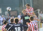 2 June 2009; Clive Delaney, Derry City, wins a header against Jamie Harris, St Patrick's Athletic. League of Ireland Premier Division, Derry City v St Patrick's Athletic, Brandywell, Derry. Picture credit: Oliver McVeigh / SPORTSFILE