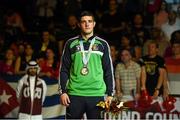 15 October 2015; Joseph Ward, Ireland, on the podium with his Men's Light Heavyweight 81kg silver medal. AIBA World Boxing Championships, Ali Bin Hamad Al Attiyah Arena, Doha, Qatar. Photo by Sportsfile