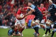17 October 2015; Dave Kilcoyne, Munster, is tackled by Gavin Evans, left, and James Down, Cardiff Blues. Guinness PRO12, Round 4, Munster v Cardiff Blues. Irish Independent Park, Cork. Picture credit: Diarmuid Greene / SPORTSFILE