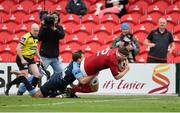 17 October 2015; Mike Sherry, Munster, scores his side's first try despite the efforts of Garyn Smith, Cardiff Blues. Guinness PRO12, Round 4, Munster v Cardiff Blues. Irish Independent Park, Cork. Picture credit: Diarmuid Greene / SPORTSFILE