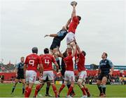 17 October 2015; Jack O’Donoghue, Munster, wins possession in a lineout ahead Lou Reed, Cardiff Blues. Guinness PRO12, Round 4, Munster v Cardiff Blues. Irish Independent Park, Cork. Picture credit: Sam Barnes / SPORTSFILE