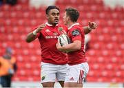 17 October 2015; Ian Keatley, Munster, is congratulated by team-mate Francis Saili after scoring his side's second try. Guinness PRO12, Round 4, Munster v Cardiff Blues. Irish Independent Park, Cork. Picture credit: Diarmuid Greene / SPORTSFILE