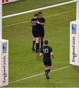 17 October 2015; Julian Savea, New Zealand, celebrates scoring a try with team-mates Beauden Barrett, 22, and Daniel Carter, 10. 2015 Rugby World Cup, Quarter-Final, New Zealand v France. Millennium Stadium, Cardiff, Wales. Picture credit: Brendan Moran / SPORTSFILE