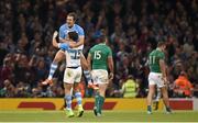 18 October 2015; Nicolas Sanchez and Joaquin Tuculet, 15, Argentina, celebrate after team-mate Juan Imhoff scored a fourth try. 2015 Rugby World Cup Quarter-Final, Ireland v Argentina. Millennium Stadium, Cardiff, Wales. Picture credit: Stephen McCarthy / SPORTSFILE