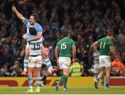 18 October 2015; Nicolas Sanchez and Joaquin Tuculet, 15, Argentina, celebrate after team-mate Juan Imhoff scored a fourth try. 2015 Rugby World Cup Quarter-Final, Ireland v Argentina. Millennium Stadium, Cardiff, Wales. Picture credit: Stephen McCarthy / SPORTSFILE