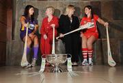 10 June 2009; At the launch of the Gala All-Ireland Camogie Championships are Joan O'Flynn, President of the Camogie Association, and Denise Lord, Gala Customer Service Manager, right, with players Aoife O'Connor, Wexford, and Amanda O'Regan, Cork, and the O'Duffy Cup. Croke Park, Dublin. Picture credit: Pat Murphy / SPORTSFILE  *** Local Caption ***