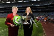 10 June 2009; At the launch of the Gala All-Ireland Camogie Championships are Joan O'Flynn, President of the Camogie Association and Denise Lord, Gala Customer Service Manager, right, with the O'Duffy Cup. Croke Park, Dublin. Picture credit: Pat Murphy / SPORTSFILE  *** Local Caption ***
