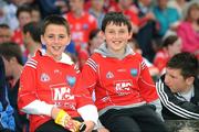 14 June 2009; Louth supporters Christopher Sweeney, age 11, from Mullacrew, and ten-year-old Conor Conroy, from Ardee, at the game. GAA Football Leinster Senior Championship Quarter-Final, Laois v Louth, Parnell Park, Dublin. Picture credit: Ray McManus / SPORTSFILE