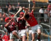 17/9/1998. From left to right Joe Hession, Michael J Quinn Galway and Alan Hayes Cork , Vocatioal Schools Hurling Final, Semple Stadium, Thurles. Credit: Ray McManus/SPORTSFILE.