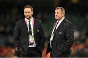 17 October 2015; New Zealand assistant coach Ian Foster, right, and Alistair Rogers, New Zealand performace analyst. 2015 Rugby World Cup, Quarter-Final, New Zealand v France. Millennium Stadium, Cardiff, Wales. Picture credit: Stephen McCarthy / SPORTSFILE