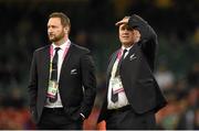 17 October 2015; New Zealand assistant coach Ian Foster, right, and Alistair Rogers, New Zealand performace analyst. 2015 Rugby World Cup, Quarter-Final, New Zealand v France. Millennium Stadium, Cardiff, Wales. Picture credit: Stephen McCarthy / SPORTSFILE