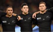 17 October 2015; New Zealand players, from left, Aaron Smith, Nehe Milner-Skudder and Tawera Kerr-Barlow. 2015 Rugby World Cup, Quarter-Final, New Zealand v France. Millennium Stadium, Cardiff, Wales. Picture credit: Stephen McCarthy / SPORTSFILE