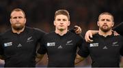 17 October 2015; New Zealand players, from left, Joe Moody, Beauden Barrett and Dan Coles. 2015 Rugby World Cup, Quarter-Final, New Zealand v France. Millennium Stadium, Cardiff, Wales. Picture credit: Stephen McCarthy / SPORTSFILE