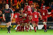 23 October 2015; Scarlets players celebrate after the final whistle. Guinness PRO12, Round 5, Scarlets v Munster. Parc Y Scarlets, Llanelli, Wales. Picture credit: Chris Fairweather / SPORTSFILE