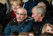 25 October 2015; Mickey Moran and John Joe Kearney, joint managers of Slaughtneil football team looking on concerned as 10 of their players are playing for their club hurling team one week before their Ulster Club football quarter final.. AIB GAA Hurling Ulster GAA Senior Club Championship Final, Cushendall v Slaughtneil Ruairí Óg. Athletic Grounds, Armagh. Picture credit: Oliver McVeigh / SPORTSFILE