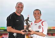 3 July 2009; Raffaele Cretaro, Sligo Rovers, is presented with the Soccer Writers Association of Ireland Player of the Month Award for June by manager Paul Cook, left. Showgrounds, Sligo. Picture credit: Brian Lawless / SPORTSFILE