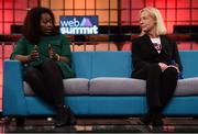 3 November 2015; Lisa Maki, right, Co-founder & CEO, PokitDok, and Mary Spio, Founder & CEO, Next Galaxy, on the Centre Stage during Day 1 of the 2015 Web Summit in the RDS, Dublin, Ireland. Picture credit: Stephen McCarthy / SPORTSFILE / Web Summit