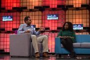 3 November 2015; Ramji Srinivasan, left, CEO, Counsyl, in conversation with Mary Spio, Founder & CEO, Next Galaxy, on the Centre Stage during Day 1 of the 2015 Web Summit in the RDS, Dublin, Ireland. Picture credit: Stephen McCarthy / SPORTSFILE / Web Summit