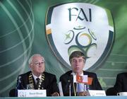 4 July 2009; David Blood, FAI President, left, and John Delaney, FAI Chief Executive, during the 2009 Football Association of Ireland AGM. Hillgrove Hotel, Monaghan. Picture credit: Oliver McVeigh / SPORTSFILE