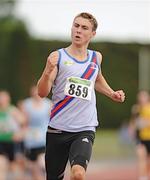 12 July 2009; Joseph Dowling, Dundrum South Dublin, celebrates as he crosses the line to win the Under 17's Boy's 400m during the AAI Juvenile Track and Field Championship. Tullamore Harriers, Tullamore, Co. Offaly. Photo by Sportsfile