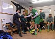 4 November 2015; Blessington FC player Ken Long shakes hands with Kevin Kilbane before a training session at Blessington FC in Wicklow, the recent winners of AVIVA’s “If You’re Out, You’re In” campaign as part of their sponsorship of the FAI Junior Cup.  The initiative gives teams who have been knocked out of the competition the chance to avail of unique benefits to help them develop as a club.  Blessington FC were given a High Performance training session with AVIVA’s Junior Cup Ambassador Kevin Kilbane and a team of FAI High Performance coaches.  For more information on AVIVA’s FAI Junior Cup campaign log on to www.aviva.ie/localsports. Training Session with Kevin Kilbane and Blessington FC. Blessington FC, Crosscoolharbour, Blessington, Co. Kildare. Picture credit: Matt Browne / SPORTSFILE