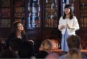 4 November 2015; Marie Kondo, right, Author and Organising Consultant, Marie Kondo, along with interpreter Keike Thiele, on the Society Stage during Day 2 of the 2015 Web Summit in the RDS, Dublin, Ireland. Picture credit: Diarmuid Greene / SPORTSFILE / Web Summit