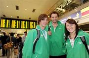 13 July 2009; Members of the Irish Swimming team, from left, Conor Leaney, from Larne, Co. Antrim, Andrew Bree, from Co. Down and Niamh O'Sullivan, from Co. Kerry, at Dublin Airport before heading off to the 13th World Swimming Championships in Rome which start on the 26th July. Ireland have 13 swimmers competing including three Olympians and 11 Irish record holders on the squad. Dublin Airport, Dublin. Picture credit: Brendan Moran / SPORTSFILE