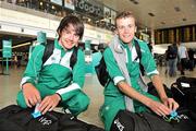 17 July 2009; The Ireland team for the European Youth Olympics departed today for Finland ahead of the 10th European Youth Olympic Summer Festival. Preparing for departure are Ciaran Dolan, Long Jump, from Enniskillen, Fermanagh, left, and Shane Quinn, 3000m, from Ballygunner, Waterford. Dublin Airport, Dublin. Picture credit: Brian Lawless / SPORTSFILE