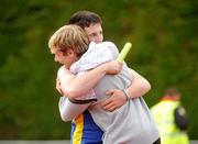 18 July 2009; Patrick Costello is congratulated by team-mate Barry Orr, left, after Wicklow won the Men's U19 4x100m Relay during the AAI Juvenile Track & Field Championships. Tullamore Harriers Track, Tullamore, Co. Offaly. Picture credit: Pat Murphy / SPORTSFILE