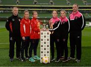 5 November 2015; Pictured is Shelbourne Ladies FC's, from left, manager Casey McQuillan, Rachel Graham and Pearl Slattery, captain, with Wexford Youths AFC's, from left, Kylie Murphy, captain, Edel Kennedy and manager Will Doyle during the Continental Tyres Women's FAI Cup Final Media Day. Aviva Stadium, Dublin. Picture credit: Piaras Ó Mídheach / SPORTSFILE