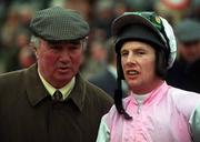 16 January 2000; Trainer Pat Hughes, left, in conversation with jockey Charlie Swan at Fairyhouse Racecourse in Meath. Photo by Ray McManus/Sportsfile