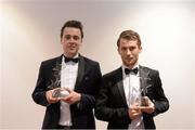6 November 2015; Tyrone's Damian Casey, left, and Dermot Begley with their Nicky Rackard Champions 15 Awards at the GAA GPA All-Star Awards 2015 Sponsored by Opel. Convention Centre, Dublin. Picture credit: Piaras Ó Mídheach / SPORTSFILE