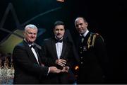 6 November 2015; Michael Cremin, Warwickshire, receives his Lory Meagher Champions 15 Award from Uachtarán Chumann Lúthchleas Gael Aogán Ó Fearghail, in the company of Dermot Earley, GPA President, at the GAA GPA All-Star Awards 2015 Sponsored by Opel. Convention Centre, Dublin. Picture credit: Piaras Ó Mídheach / SPORTSFILE
