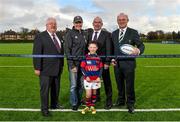 7 November 2015; In attendance at the opening of Clontarf's new All-Weather Facility, sponsored by Ulster Bank, are, from left to right, Blayney Russell, President, Clontarf Rugby Club, Ireland head coach Joe Schmidt, Under 9 Clontarf player Kealan Feeney, Geoff Curran, Chairman, Clontarf Rugby Club, and Martin O’Sullivan, President, IRFU. Clontarf Rugby Club, Castle Avenue, Clontarf, Dublin 3. Picture credit: Ramsey Cardy / SPORTSFILE