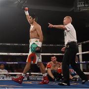 7 November 2015; Vijender Singh, left, celebrates defeating Dean Gillen in their middleweight bout. Second Coming Fight Night, National Stadium, Dublin. Picture credit: Ramsey Cardy / SPORTSFILE