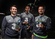 9 November 2015; Official water partner of FAI celebrate 15 years in business with Wes Hoolahan, Harry Arter and Cyrus Christie in the National Sports Campus in Abbotstown, Co. Dublin. Picture credit: David Maher / SPORTSFILE