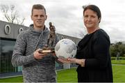 10 November 2015; Ian Turner, Limerick FC, is presented with his SSE Airtricity/SWAI Player of the Month Award for October 2015  by Aine Murphy, SSE Airtricity. FAI Training Grounds, Abbotstown, Co. Dublin. Picture credit: Seb Daly / SPORTSFILE