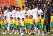 2 August 2009; The England team stand for the National Anthem, wearing black armbands in memory of former England manager and FAI International Football Consultant, Sir Bobby Robson, who passed away last Friday. UEFA Under-19 Championship Final, England v Ukraine, RSC Olympiyskiy Stadium, Donetsk, Ukraine. Photo by Sportsfile