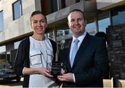 13 November 2015; Pictured today at the presentation of the Croke Park Hotel Player of the Month Award for October are Alan Smullen, General Manager, Croke Park Hotel, and winner of the October award, Sharon Courtney, Donaghmoyne, Co. Monaghan. Croke Park Hotel, Dublin. Picture credit: Ramsey Cardy / SPORTSFILE