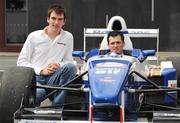 4 August 2009; Drivers Peter Dempsey, right, and Niall Quinn, A1 Team Ireland reserve driver, at the launch of the Phoenix Park Motor Races 2009. The Louis Fitzgerald Hotel, Dublin. Picture credit: Pat Murphy / SPORTSFILE