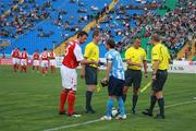 6 August 2009; St Patrick's Athletic captain Jamie Harris, left shakes hands with Krylya Sovetov captain Rouslan Adzhindzhal before the game. Europa League, 3rd Round Qualifier, 2nd leg, Krylya Sovetov v St. Patrick’s Athletic, Metallurg Stadion, Samara, Russia. Picture credit: SPORTSFILE