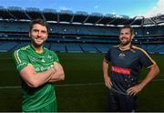 20 November 2015; Ireland captain Bernard Brogan and Australia captain Luke Hodge share a jokes during the captain's call ahead of their side's EirGrid International Rules clash at Croke Park, Dublin. Picture credit: Stephen McCarthy / SPORTSFILE