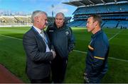 20 November 2015; Uachtarán Chumann Lúthchleas Gael Aogán Ó Fearghail in conversation with Ireland manager Joe Kernan and Australia manager Alastair Clarkson, right, during the captain's call ahead of their side's EirGrid International Rules clash at Croke Park, Dublin. Picture credit: Stephen McCarthy / SPORTSFILE