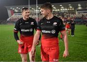 20 November 2015; Saracens' Owen Farrell, right, and Chris Ashton following their side's victory. European Rugby Champions Cup, Pool 1, Round 2, Ulster v Saracens. Kingspan Stadium, Ravenhill Park, Belfast. Picture credit: Ramsey Cardy / SPORTSFILE