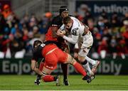 20 November 2015; Craig Gilroy, Ulster, is tackled by Chris Wylies and Maro Itoje, Saracens. European Rugby Champions Cup, Pool 1, Round 2, Ulster v Saracens. Kingspan Stadium, Ravenhill Park, Belfast. Picture credit: Oliver McVeigh / SPORTSFILE