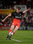 20 November 2015; Owen Farrell, Saracens, kicks a penalty. European Rugby Champions Cup, Pool 1, Round 2, Ulster v Saracens. Kingspan Stadium, Ravenhill Park, Belfast. Picture credit: Oliver McVeigh / SPORTSFILE