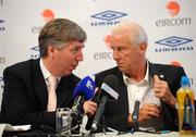 13 August 2009; Republic of Ireland Manager Giovanni Trapattoni in conversation with FAI Chief Executive John Delaney during a post match press conference after the international friendly against Australia. Institute of Technology Carlow, Carlow. Picture credit: Brian Lawless / SPORTSFILE