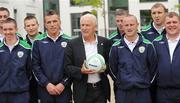 13 August 2009; Republic of Ireland Manager Giovanni Trapattoni with members of the Republic of Ireland Homeless World Cup team at the launch of the 1st ever Bachelor of Arts in Sports & Exercise in Soccer. The Homeless World Cup takes place in Milan from the 6th - 13th of September where Ireland will compete among 48 Nations. Institute of Technology Carlow, Carlow. Picture credit: Brian Lawless / SPORTSFILE